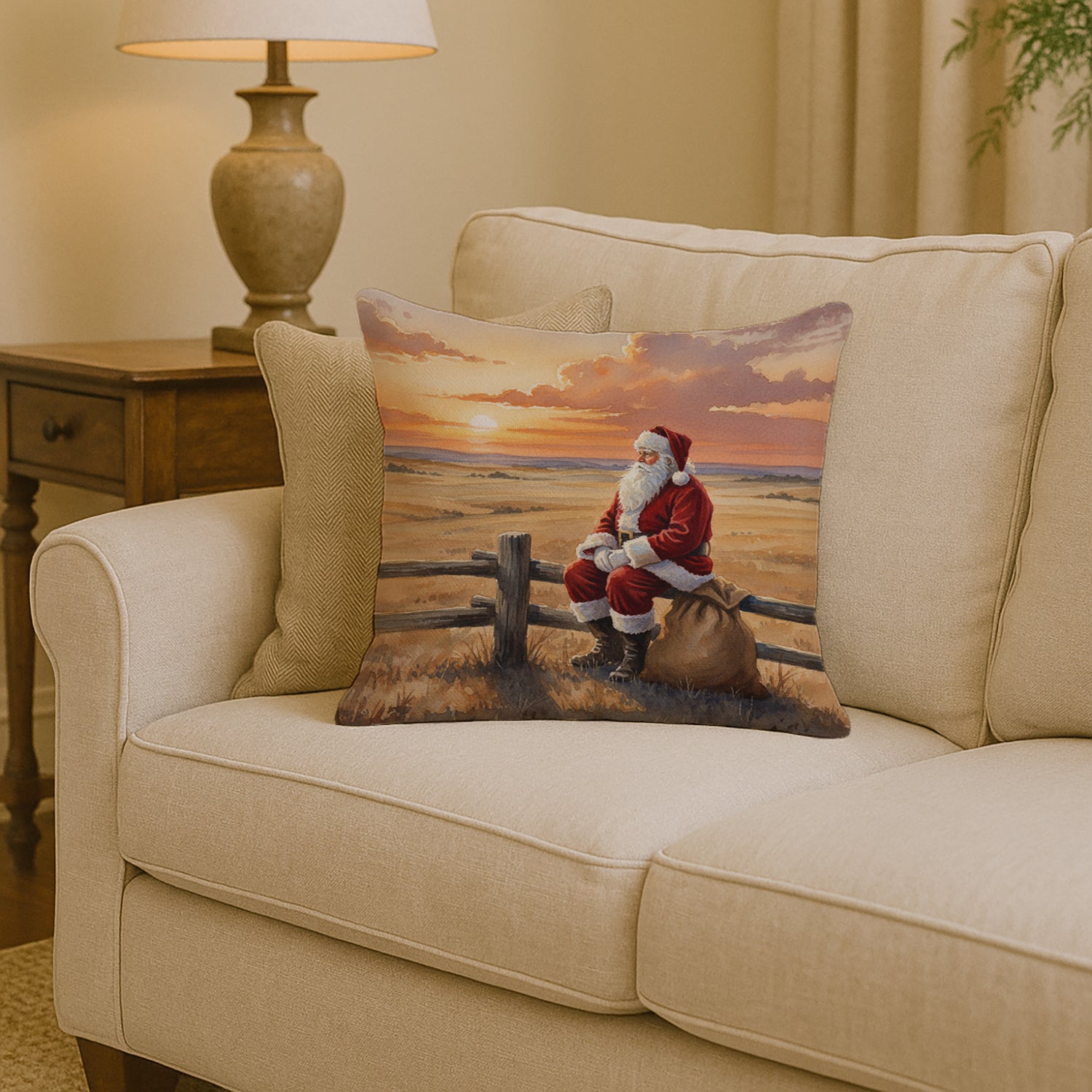 Santa Claus Watching the Sunset on the Prairie Christmas Decorative Throw Pillow 14x14 Indoor Outdoor Accent Cushion, Fabric Cover with Insert for Sofa, Bed, Porch & Living Room