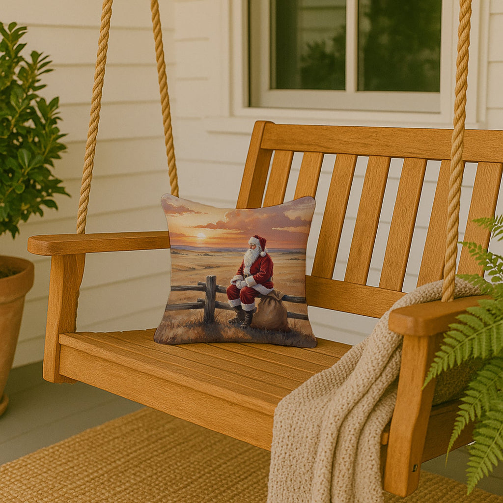 Santa Claus Watching the Sunset on the Prairie Christmas Decorative Throw Pillow 14x14 Indoor Outdoor Accent Cushion, Fabric Cover with Insert for Sofa, Bed, Porch & Living Room