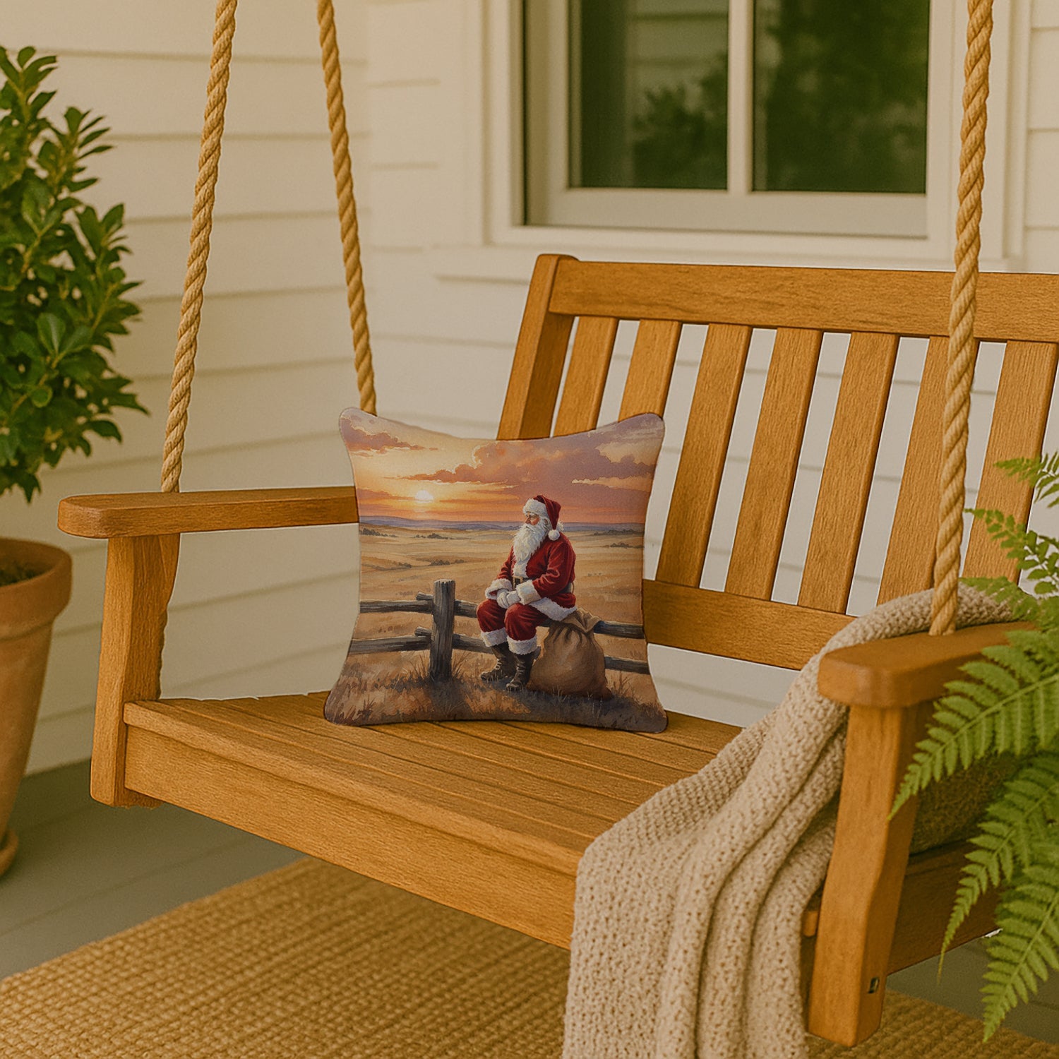 Santa Claus Watching the Sunset on the Prairie Christmas Decorative Throw Pillow 14x14 Indoor Outdoor Accent Cushion, Fabric Cover with Insert for Sofa, Bed, Porch & Living Room