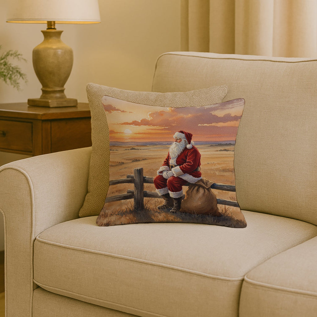 Santa Claus Watching the Sunset on the Prairie Christmas Decorative Throw Pillow 18x18 Indoor Outdoor Accent Cushion, Fabric Cover with Insert for Sofa, Bed, Porch & Living Room