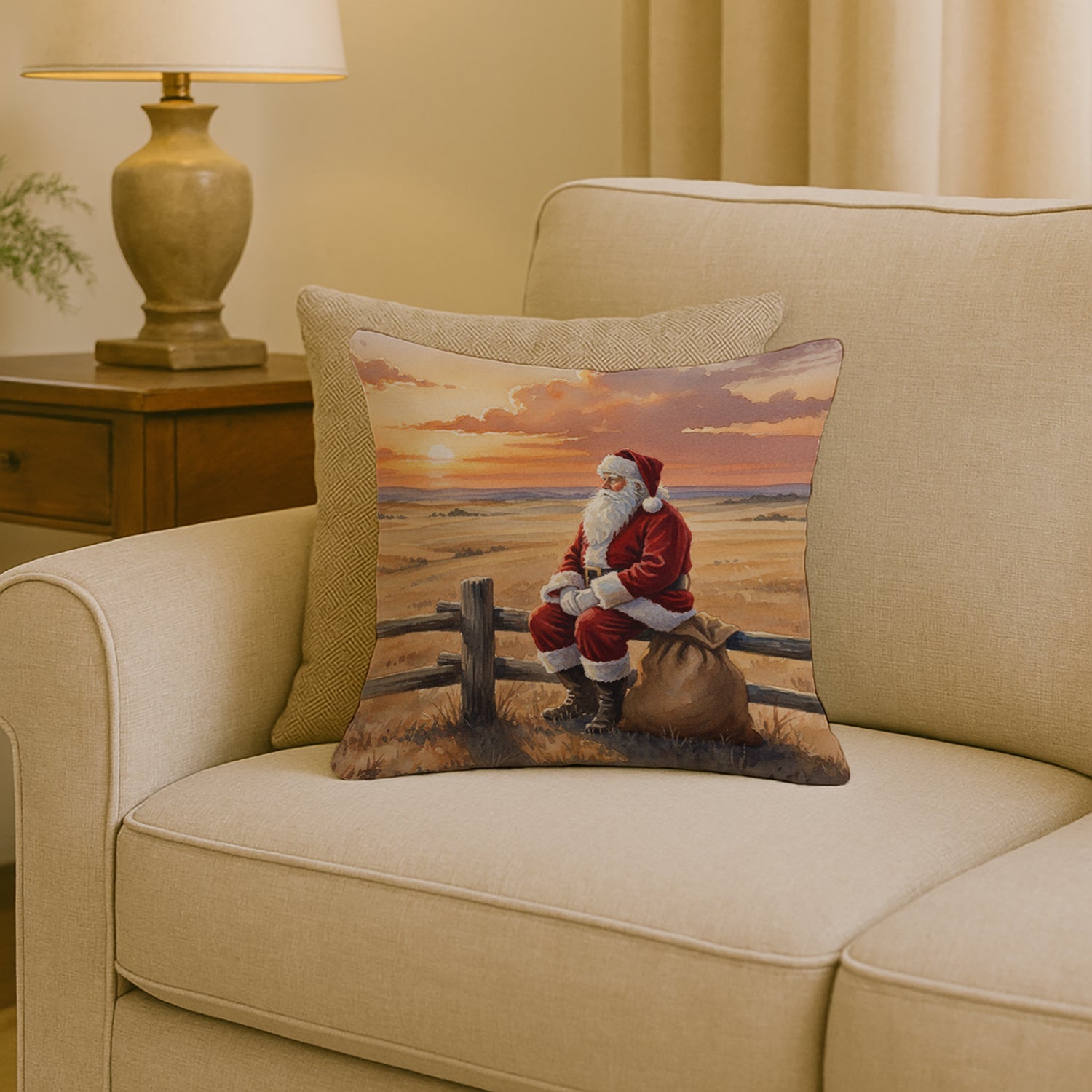 Santa Claus Watching the Sunset on the Prairie Christmas Decorative Throw Pillow 18x18 Indoor Outdoor Accent Cushion, Fabric Cover with Insert for Sofa, Bed, Porch & Living Room