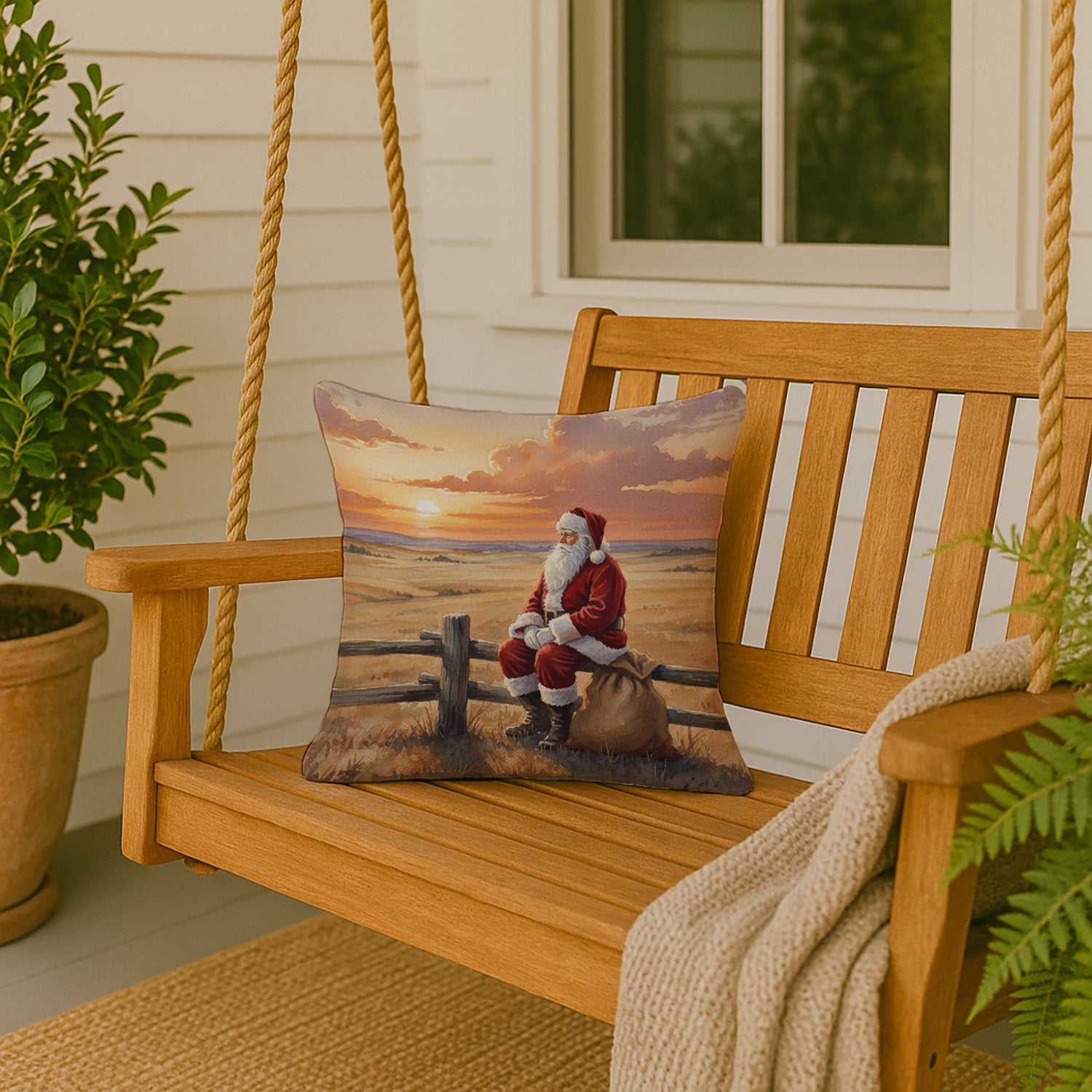 Santa Claus Watching the Sunset on the Prairie Christmas Decorative Throw Pillow 18x18 Indoor Outdoor Accent Cushion, Fabric Cover with Insert for Sofa, Bed, Porch & Living Room