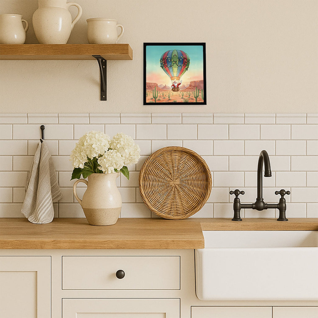 Santa Claus with a Hot-Air Balloon Christmas Framed Metal Print Bathroom, Kitchen, Office, Home Decor Wall Art Ready to Hang, Square, 8X8