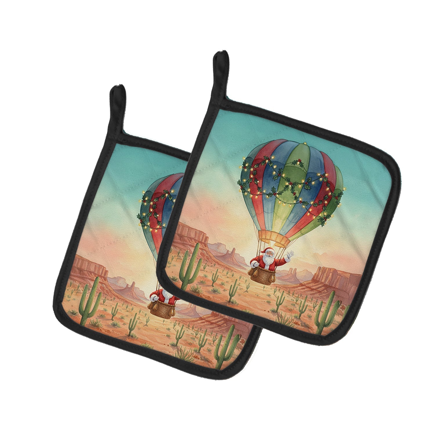 Santa Claus with a Hot-Air Balloon Christmas Pot Holder Set of 2 Heat Resistant Quilted Hot Pads 7.5 x 7.5 Inch, Insulated Kitchen Trivets for Cooking & Baking