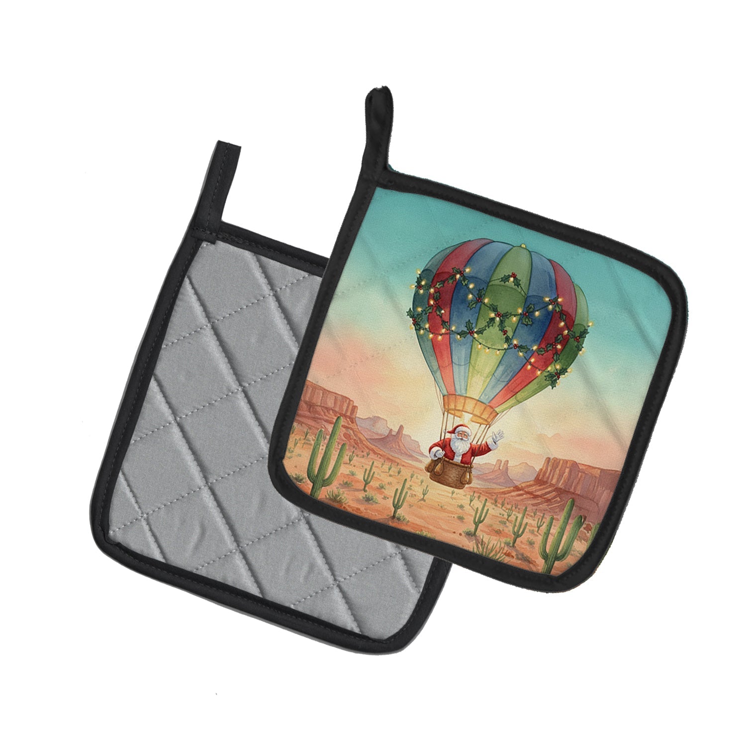 Santa Claus with a Hot-Air Balloon Christmas Pot Holder Set of 2 Heat Resistant Quilted Hot Pads 7.5 x 7.5 Inch, Insulated Kitchen Trivets for Cooking & Baking