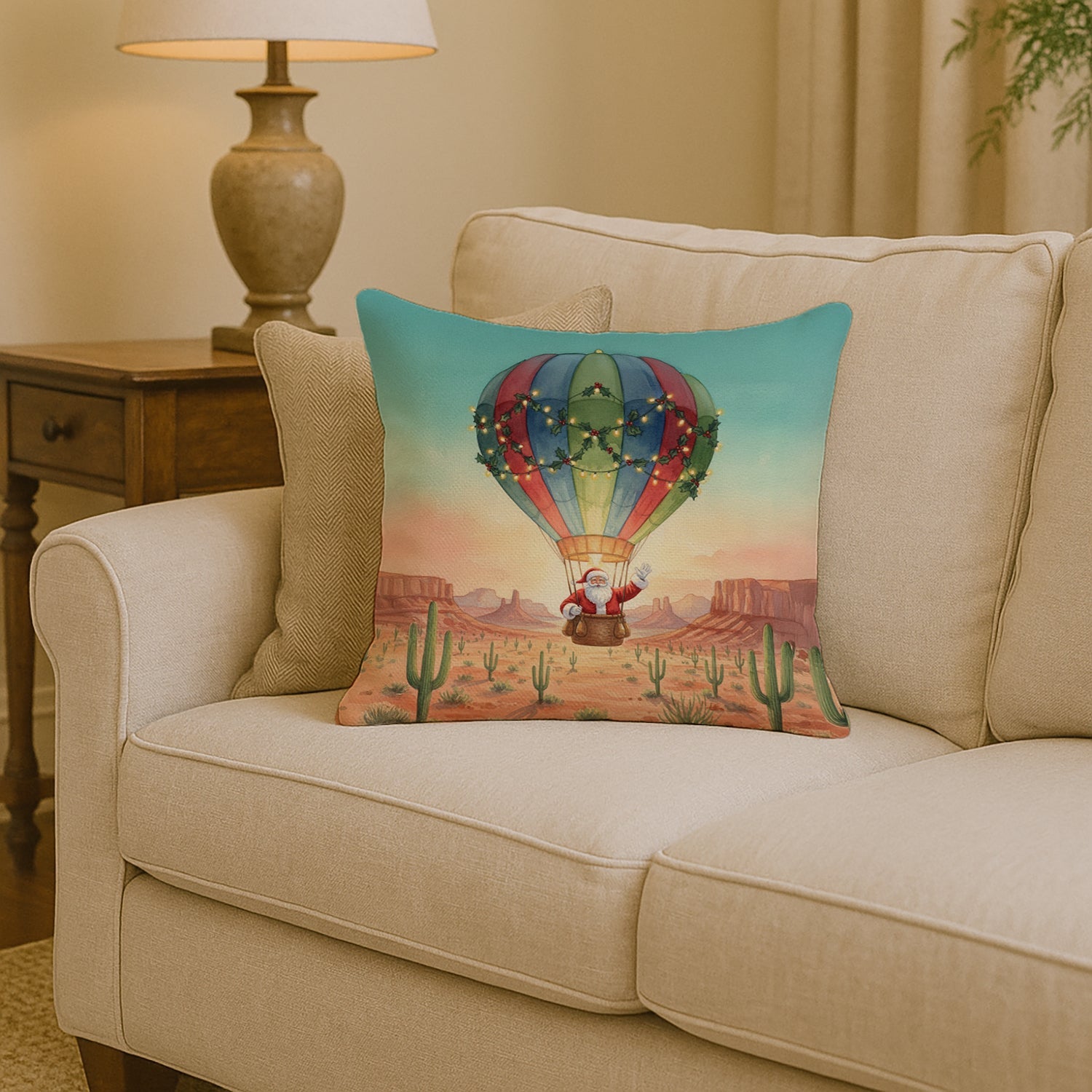 Santa Claus with a Hot-Air Balloon Christmas Decorative Throw Pillow 14x14 Indoor Outdoor Accent Cushion, Fabric Cover with Insert for Sofa, Bed, Porch & Living Room