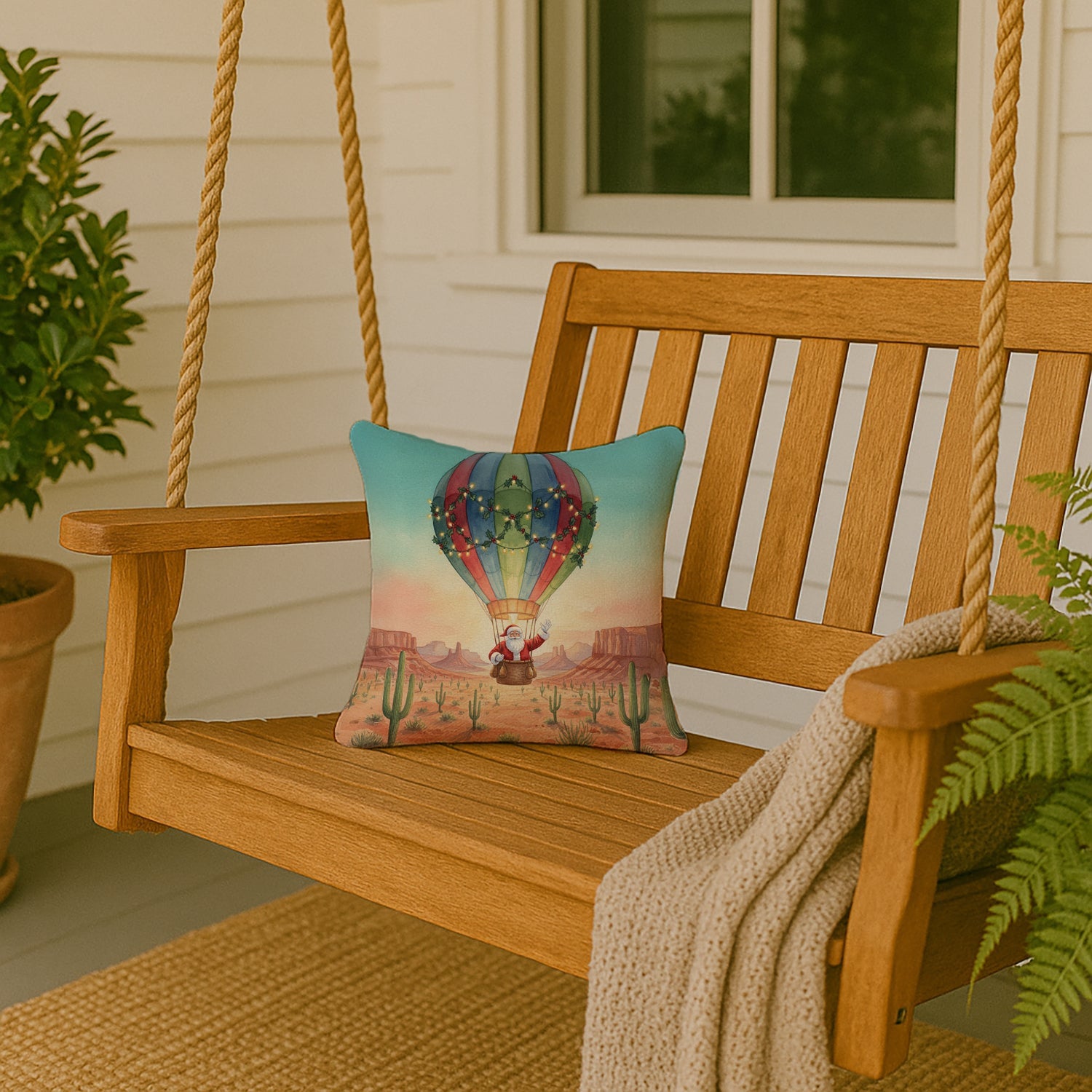 Santa Claus with a Hot-Air Balloon Christmas Decorative Throw Pillow 14x14 Indoor Outdoor Accent Cushion, Fabric Cover with Insert for Sofa, Bed, Porch & Living Room