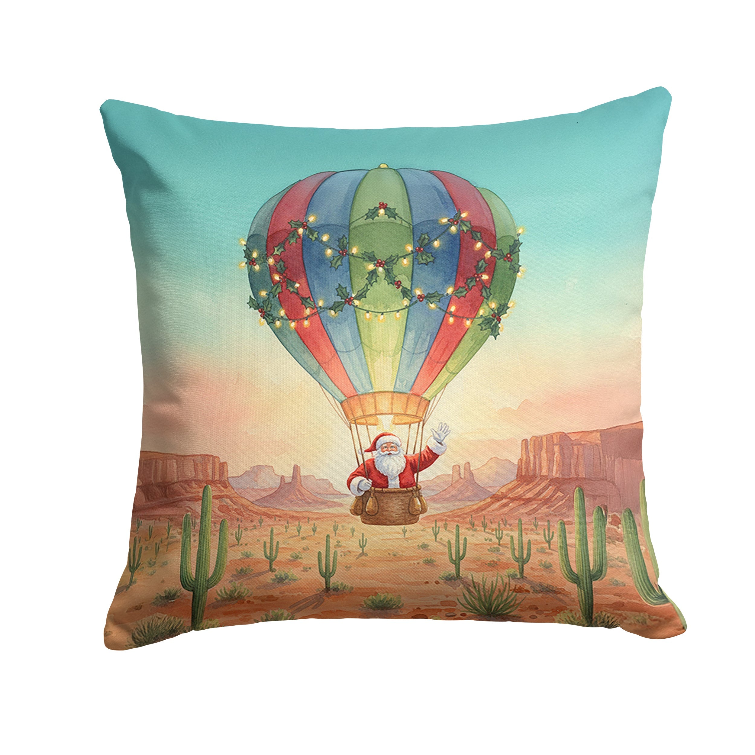 Santa Claus with a Hot-Air Balloon Christmas Decorative Throw Pillow 18x18 Indoor Outdoor Accent Cushion, Fabric Cover with Insert for Sofa, Bed, Porch & Living Room