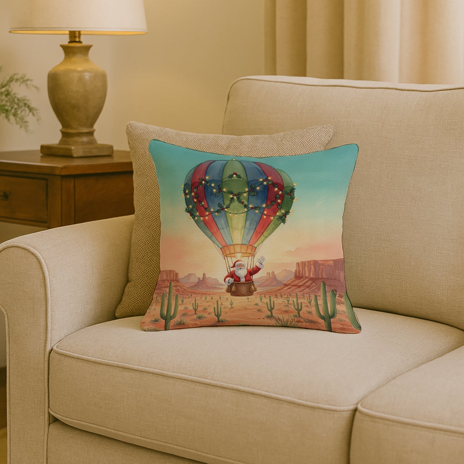 Santa Claus with a Hot-Air Balloon Christmas Decorative Throw Pillow 18x18 Indoor Outdoor Accent Cushion, Fabric Cover with Insert for Sofa, Bed, Porch & Living Room