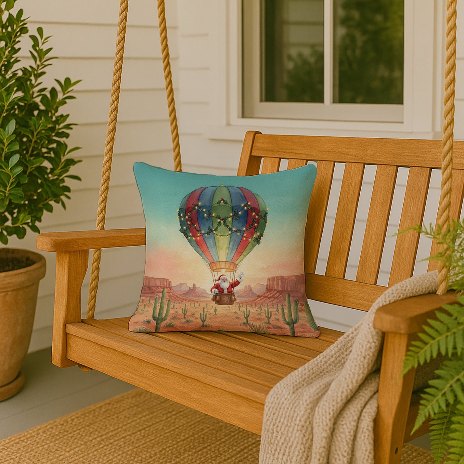 Santa Claus with a Hot-Air Balloon Christmas Decorative Throw Pillow 18x18 Indoor Outdoor Accent Cushion, Fabric Cover with Insert for Sofa, Bed, Porch & Living Room