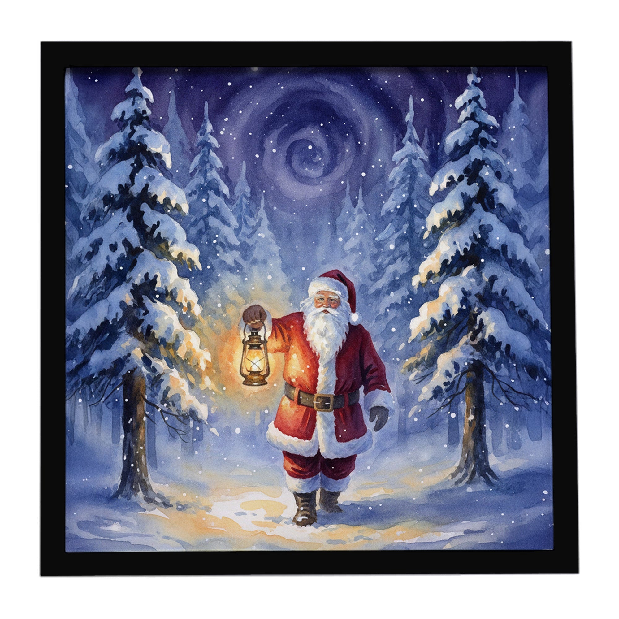 Santa Claus with a Lantern in the Woods Christmas Framed Metal Print Bathroom, Kitchen, Office, Home Decor Wall Art Ready to Hang, Square, 8X8