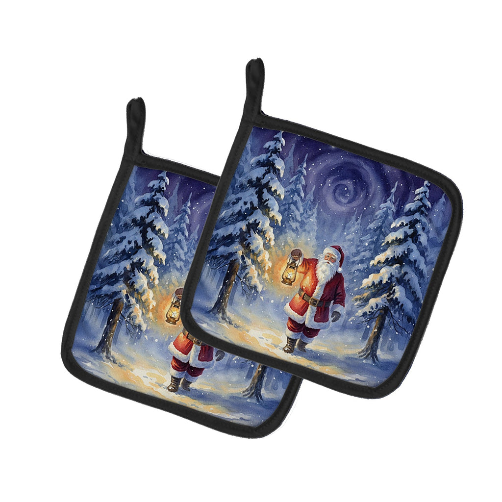 Santa Claus with a Lantern in the Woods Christmas Pot Holder Set of 2 Heat Resistant Quilted Hot Pads 7.5 x 7.5 Inch, Insulated Kitchen Trivets for Cooking & Baking