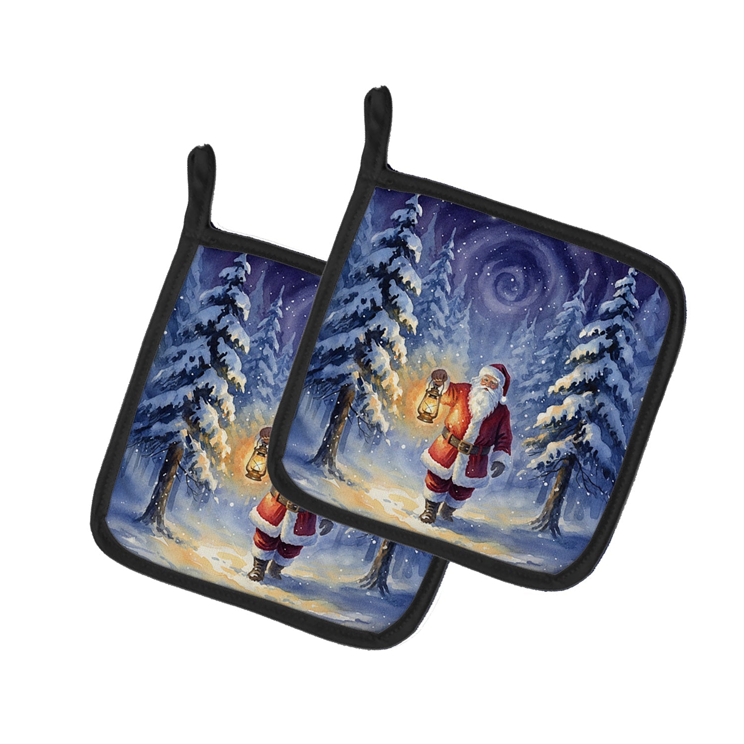 Santa Claus with a Lantern in the Woods Christmas Pot Holder Set of 2 Heat Resistant Quilted Hot Pads 7.5 x 7.5 Inch, Insulated Kitchen Trivets for Cooking & Baking