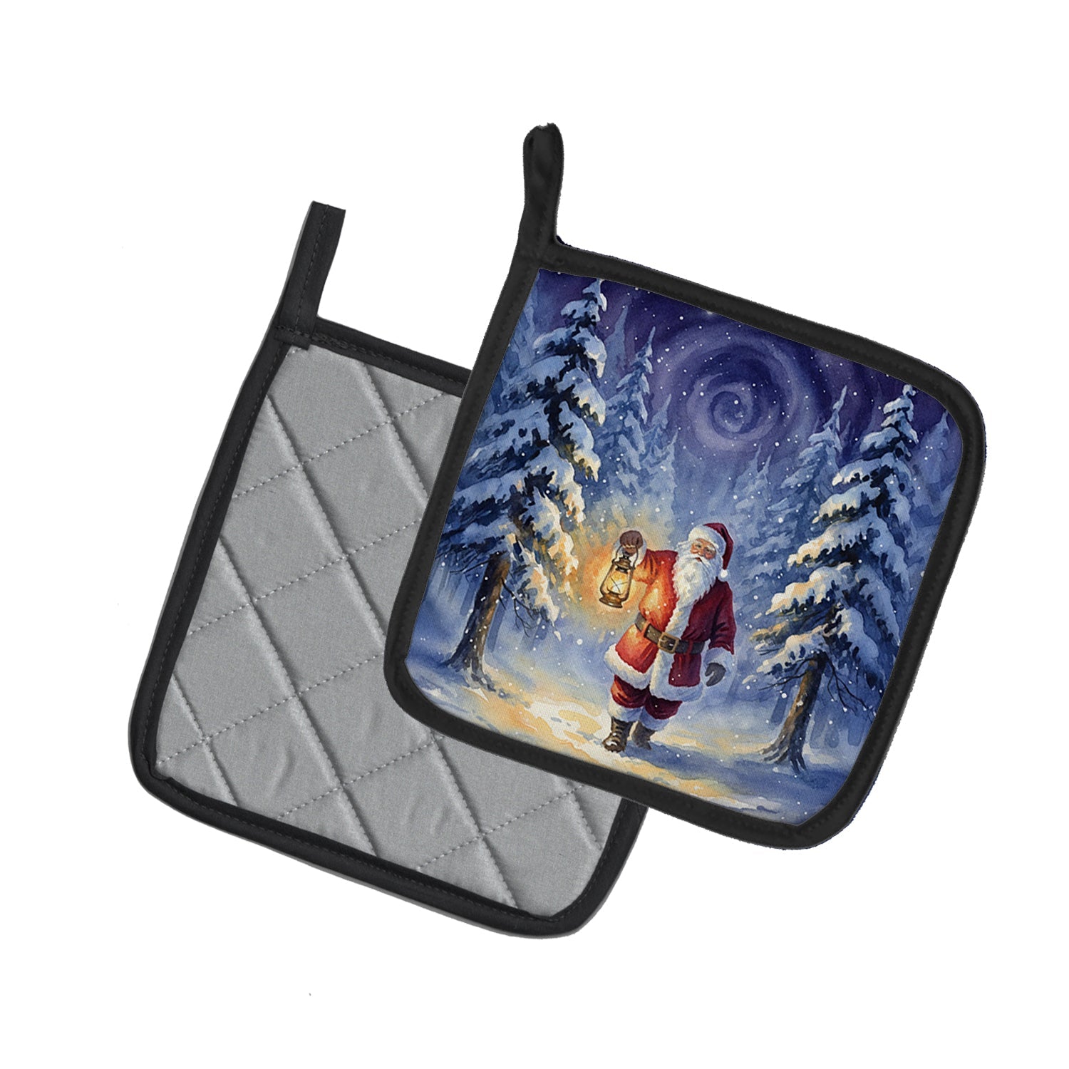 Santa Claus with a Lantern in the Woods Christmas Pot Holder Set of 2 Heat Resistant Quilted Hot Pads 7.5 x 7.5 Inch, Insulated Kitchen Trivets for Cooking & Baking