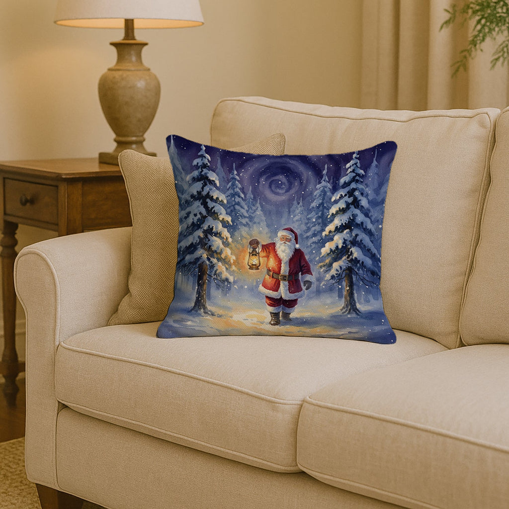 Santa Claus with a Lantern in the Woods Christmas Decorative Throw Pillow 14x14 Indoor Outdoor Accent Cushion, Fabric Cover with Insert for Sofa, Bed, Porch & Living Room