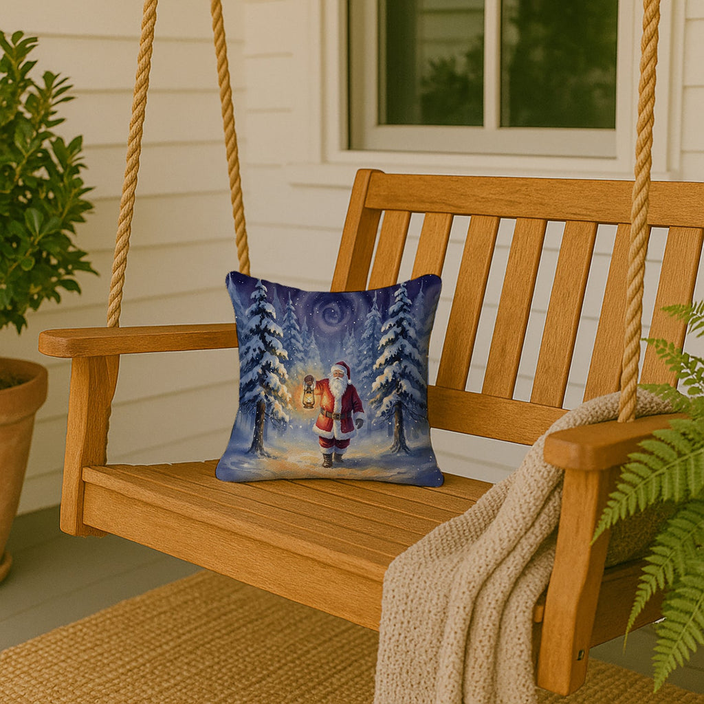 Santa Claus with a Lantern in the Woods Christmas Decorative Throw Pillow 14x14 Indoor Outdoor Accent Cushion, Fabric Cover with Insert for Sofa, Bed, Porch & Living Room