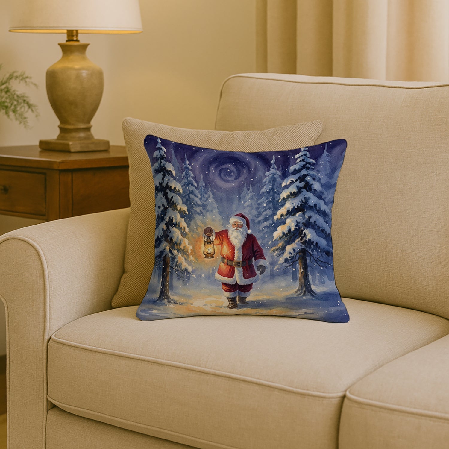 Santa Claus with a Lantern in the Woods Christmas Decorative Throw Pillow 18x18 Indoor Outdoor Accent Cushion, Fabric Cover with Insert for Sofa, Bed, Porch & Living Room