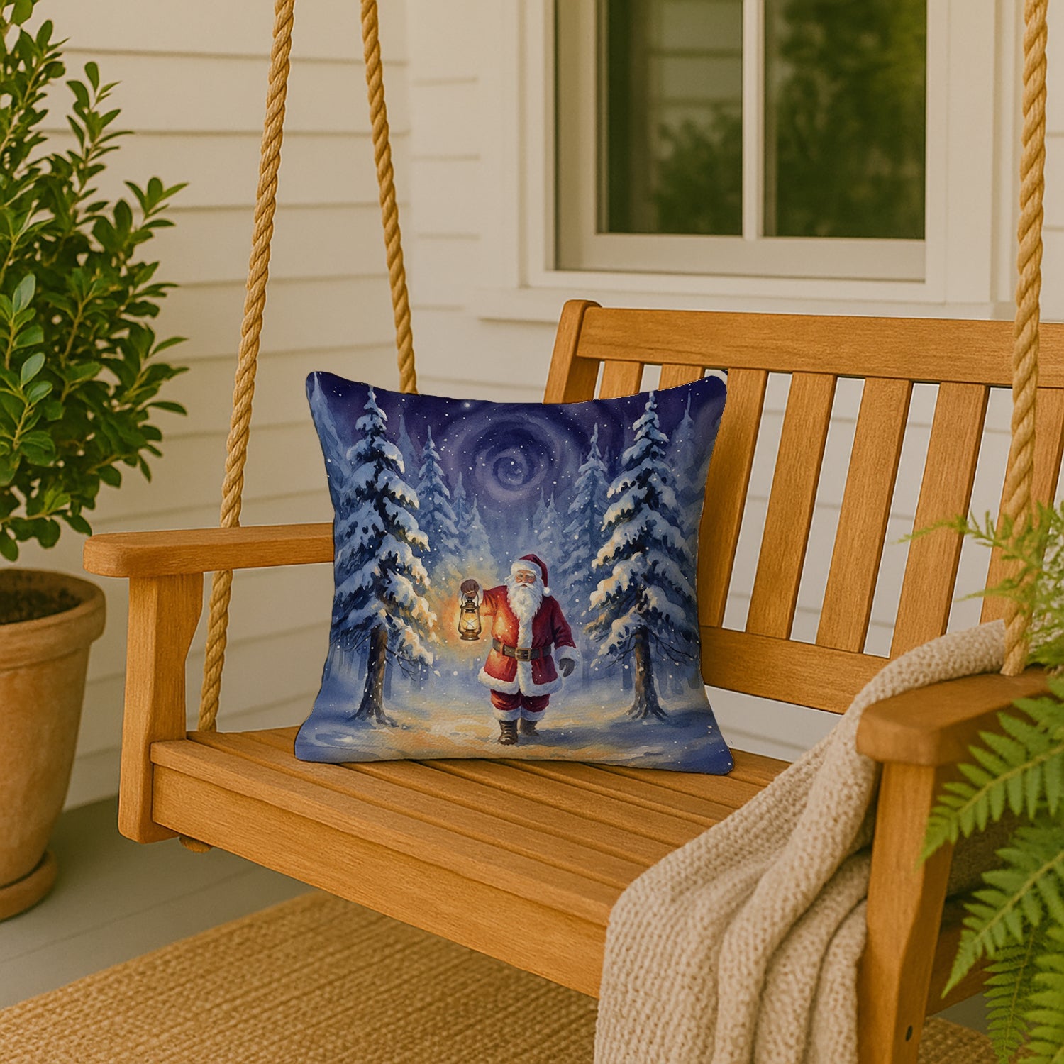 Santa Claus with a Lantern in the Woods Christmas Decorative Throw Pillow 18x18 Indoor Outdoor Accent Cushion, Fabric Cover with Insert for Sofa, Bed, Porch & Living Room