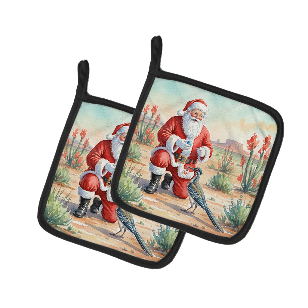 Santa Claus with a Roadrunner Christmas Pot Holder Set of 2 Heat Resistant Quilted Hot Pads 7.5 x 7.5 Inch, Insulated Kitchen Trivets for Cooking & Baking
