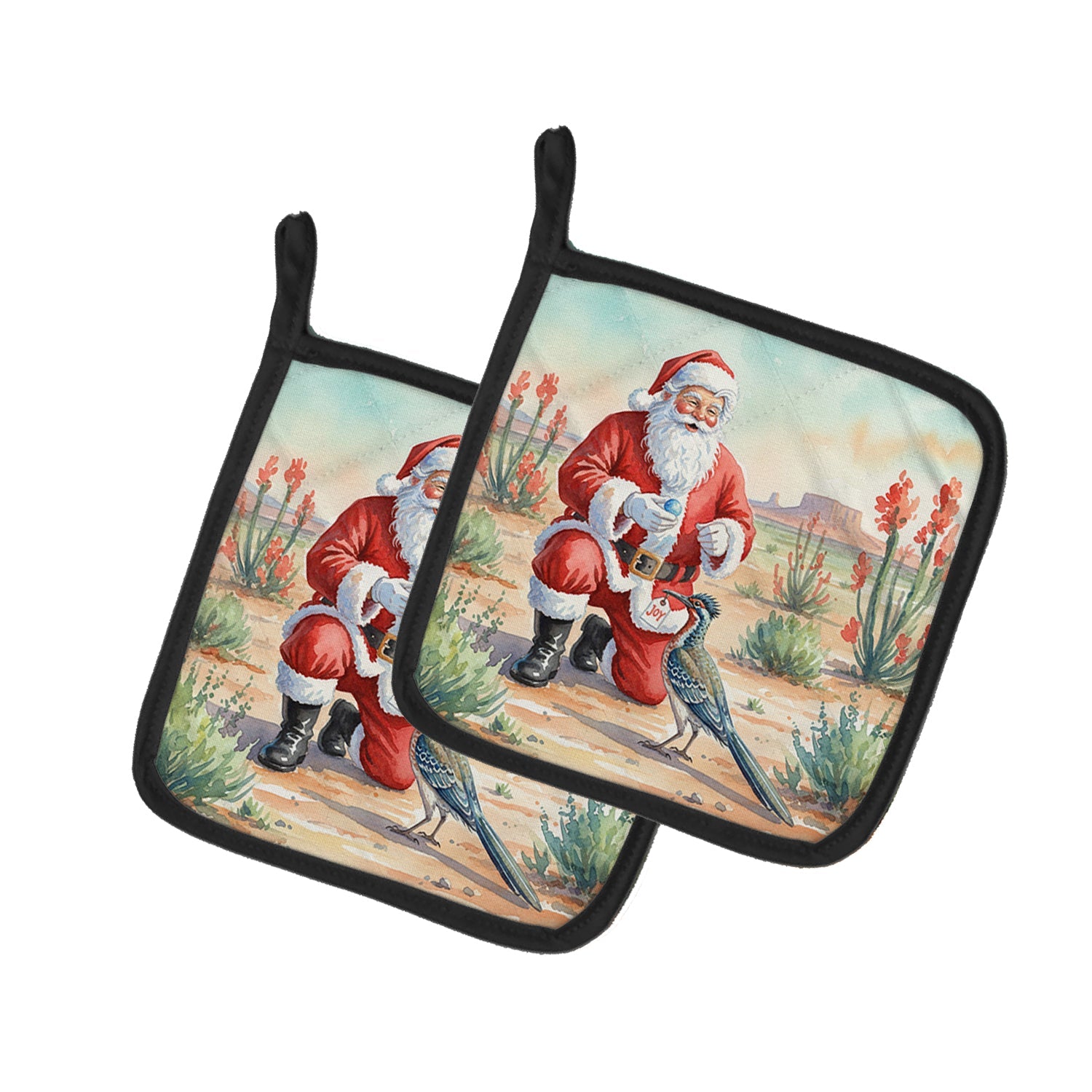Santa Claus with a Roadrunner Christmas Pot Holder Set of 2 Heat Resistant Quilted Hot Pads 7.5 x 7.5 Inch, Insulated Kitchen Trivets for Cooking & Baking