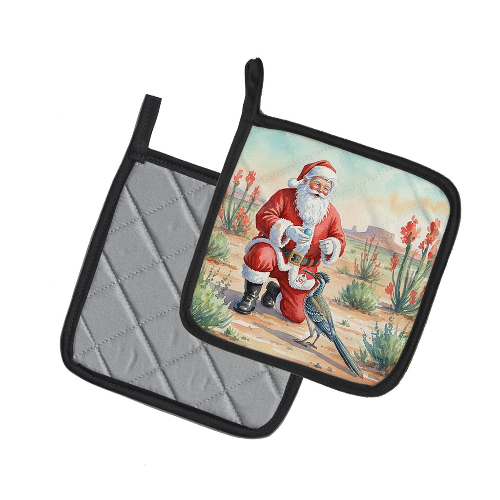 Santa Claus with a Roadrunner Christmas Pot Holder Set of 2 Heat Resistant Quilted Hot Pads 7.5 x 7.5 Inch, Insulated Kitchen Trivets for Cooking & Baking