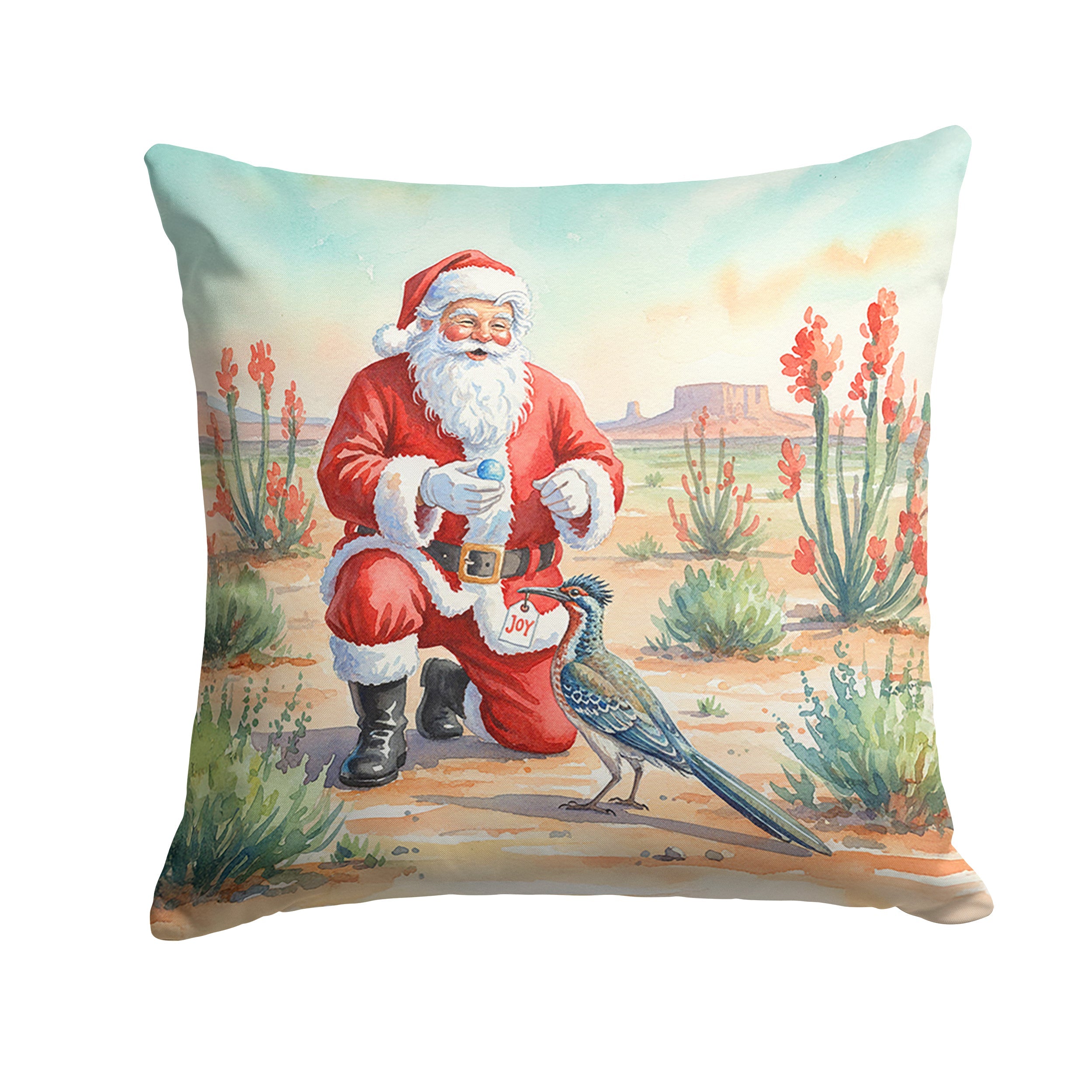 Santa Claus with a Roadrunner Christmas Decorative Throw Pillow 14x14 Indoor Outdoor Accent Cushion, Fabric Cover with Insert for Sofa, Bed, Porch & Living Room