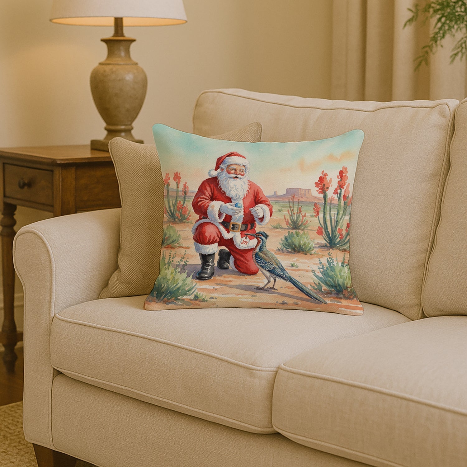 Santa Claus with a Roadrunner Christmas Decorative Throw Pillow 14x14 Indoor Outdoor Accent Cushion, Fabric Cover with Insert for Sofa, Bed, Porch & Living Room