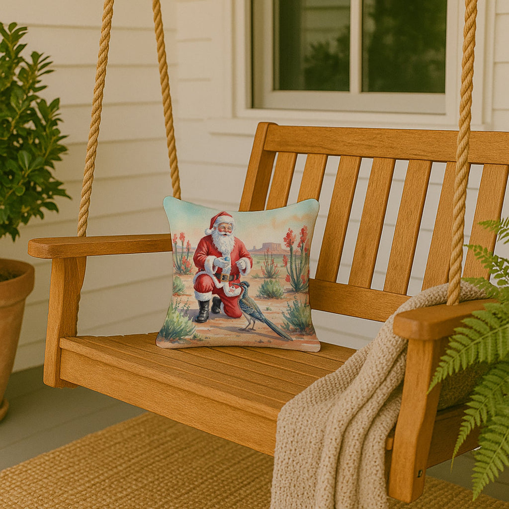 Santa Claus with a Roadrunner Christmas Decorative Throw Pillow 14x14 Indoor Outdoor Accent Cushion, Fabric Cover with Insert for Sofa, Bed, Porch & Living Room