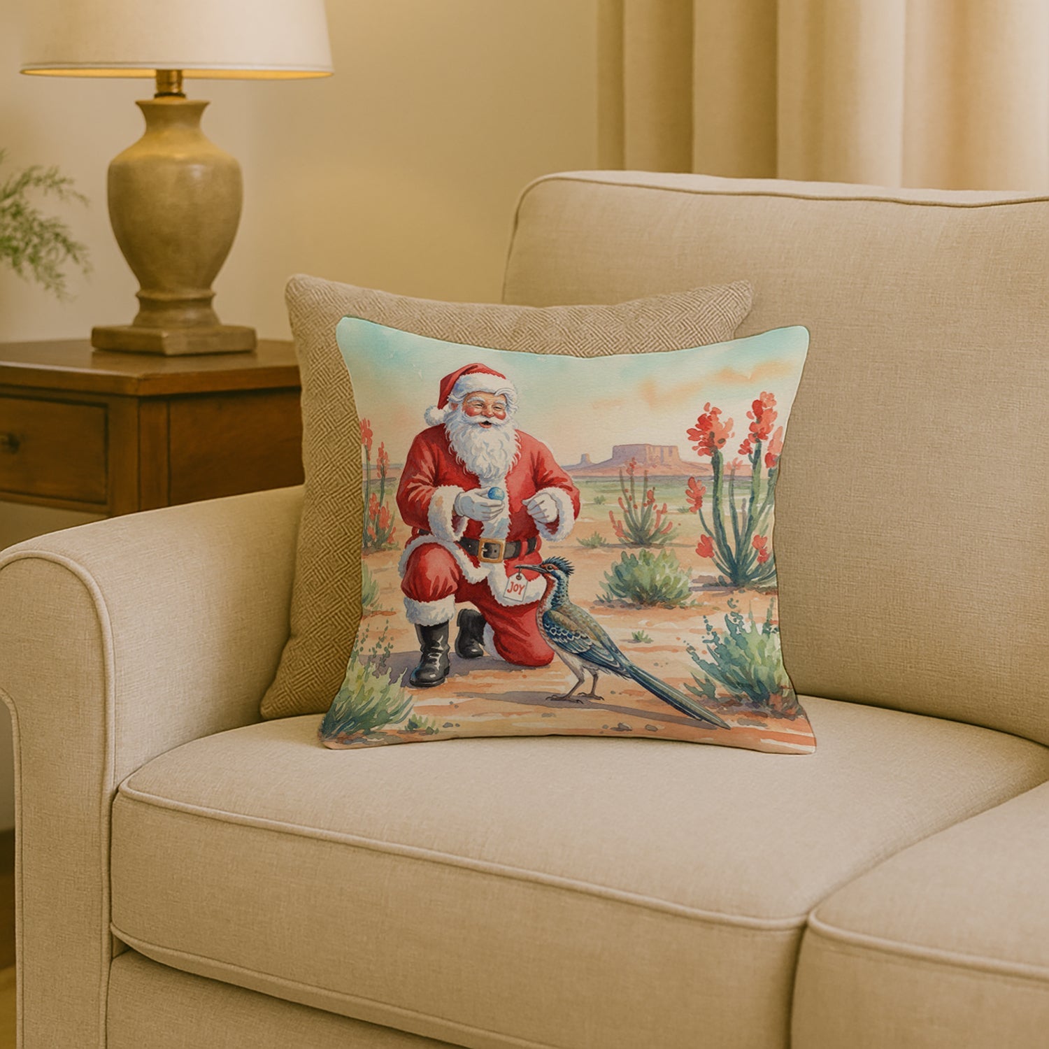 Santa Claus with a Roadrunner Christmas Decorative Throw Pillow 18x18 Indoor Outdoor Accent Cushion, Fabric Cover with Insert for Sofa, Bed, Porch & Living Room