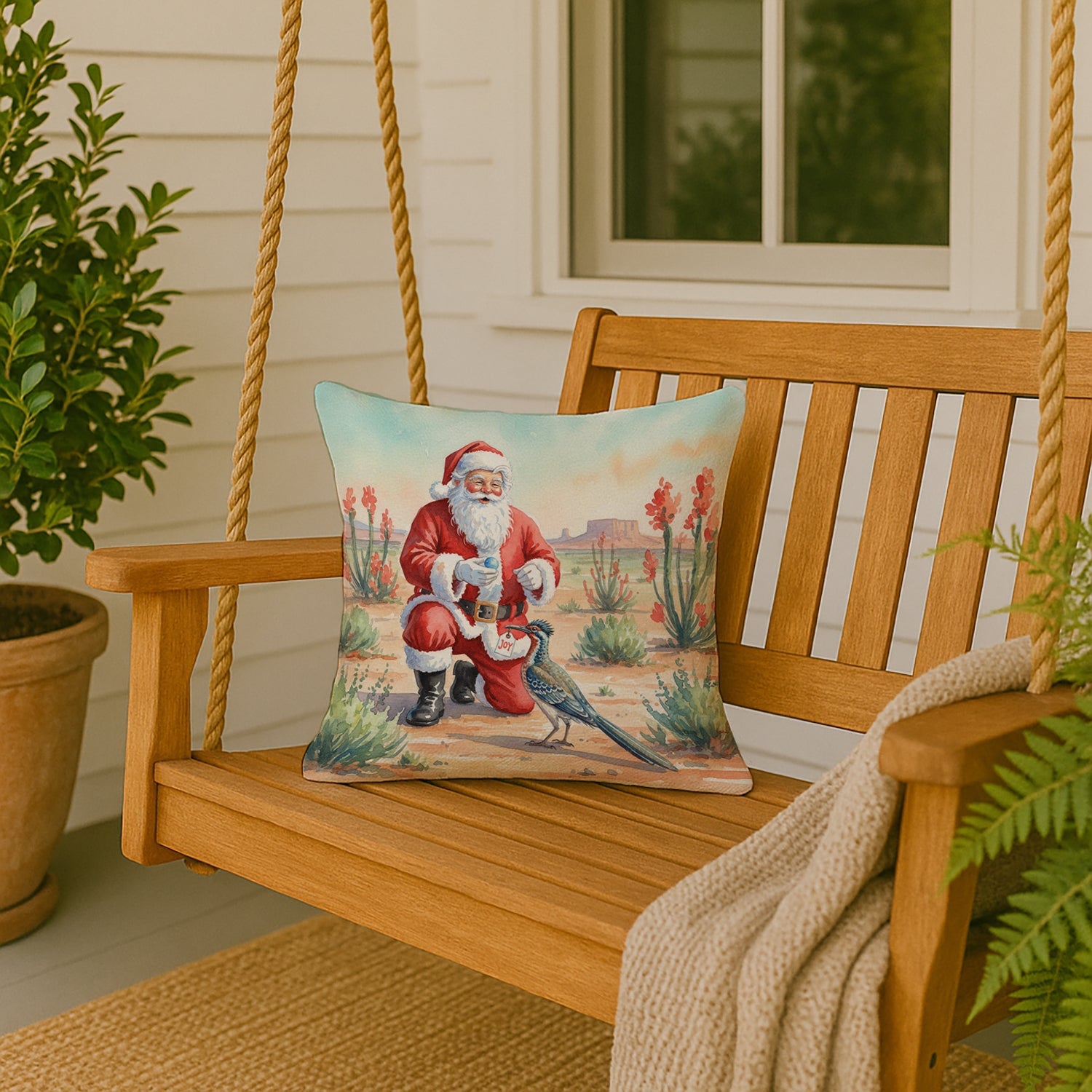 Santa Claus with a Roadrunner Christmas Decorative Throw Pillow 18x18 Indoor Outdoor Accent Cushion, Fabric Cover with Insert for Sofa, Bed, Porch & Living Room