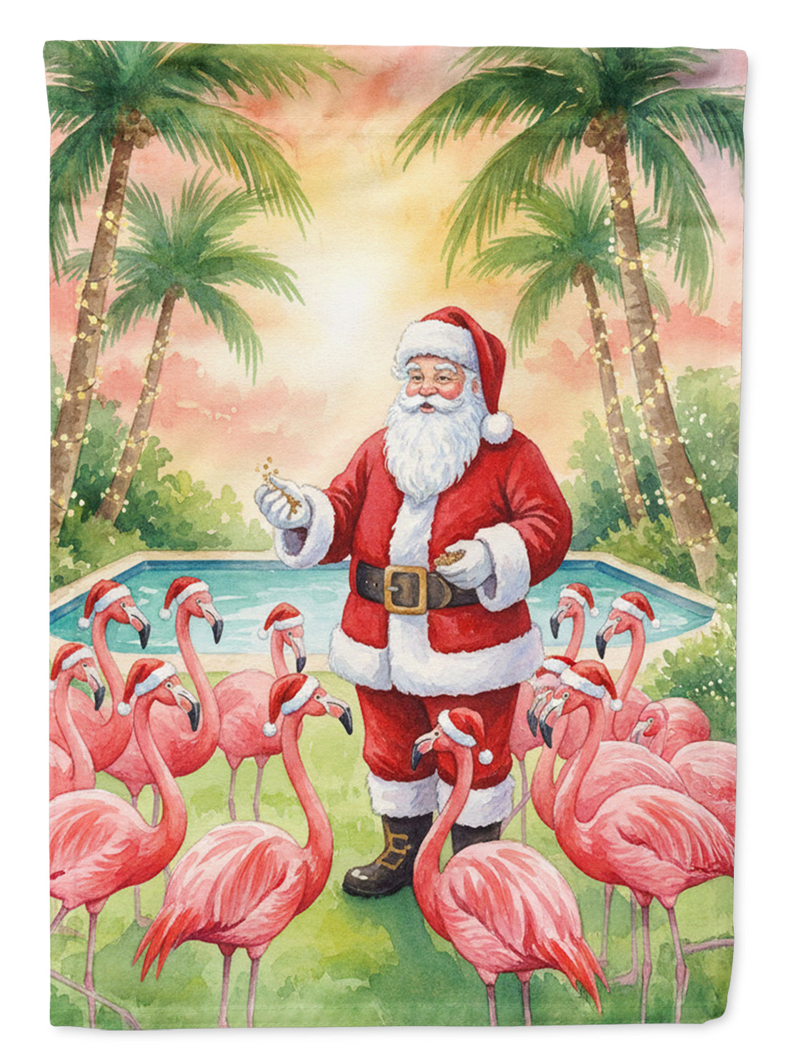 Santa Claus with Flamingos Christmas House Flag 28x40 Porch Sleeve Pole Decorative Outside Yard Banner Artwork Wall Hanging, Polyester