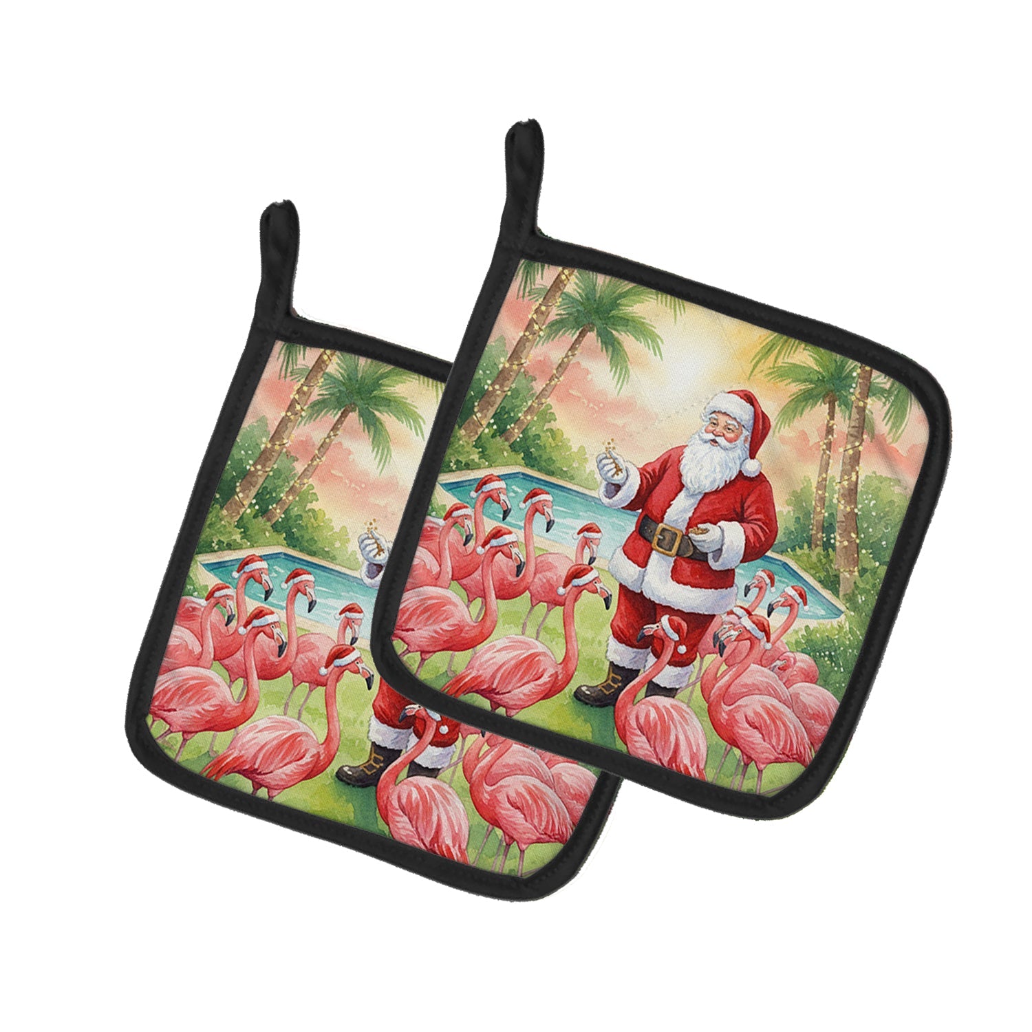 Santa Claus with Flamingos Christmas Pot Holder Set of 2 Heat Resistant Quilted Hot Pads 7.5 x 7.5 Inch, Insulated Kitchen Trivets for Cooking & Baking