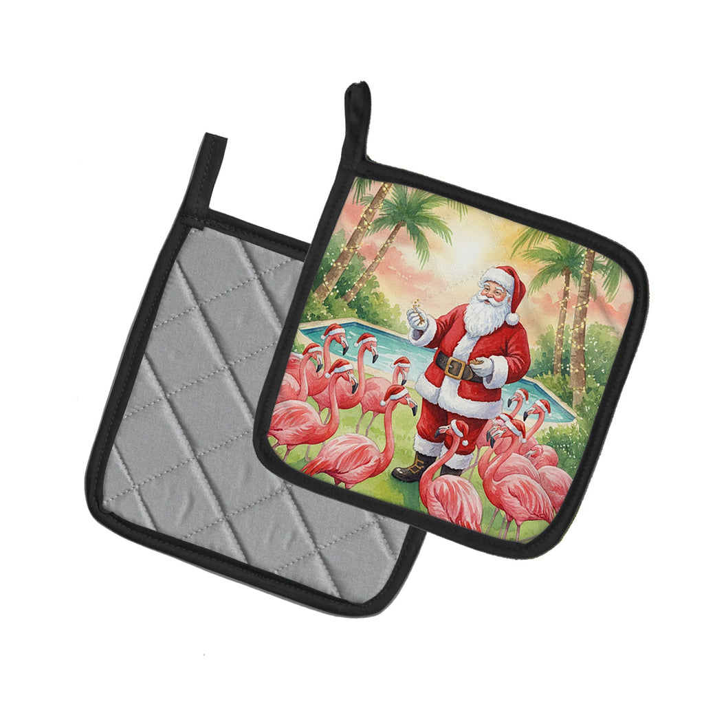 Santa Claus with Flamingos Christmas Pot Holder Set of 2 Heat Resistant Quilted Hot Pads 7.5 x 7.5 Inch, Insulated Kitchen Trivets for Cooking & Baking