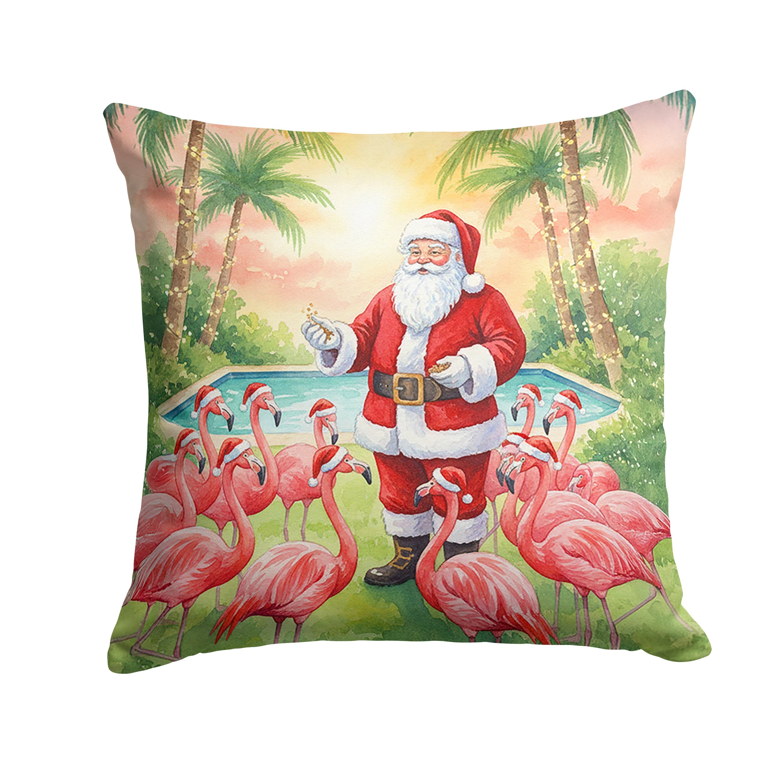 Santa Claus with Flamingos Christmas Decorative Throw Pillow 14x14 Indoor Outdoor Accent Cushion, Fabric Cover with Insert for Sofa, Bed, Porch & Living Room