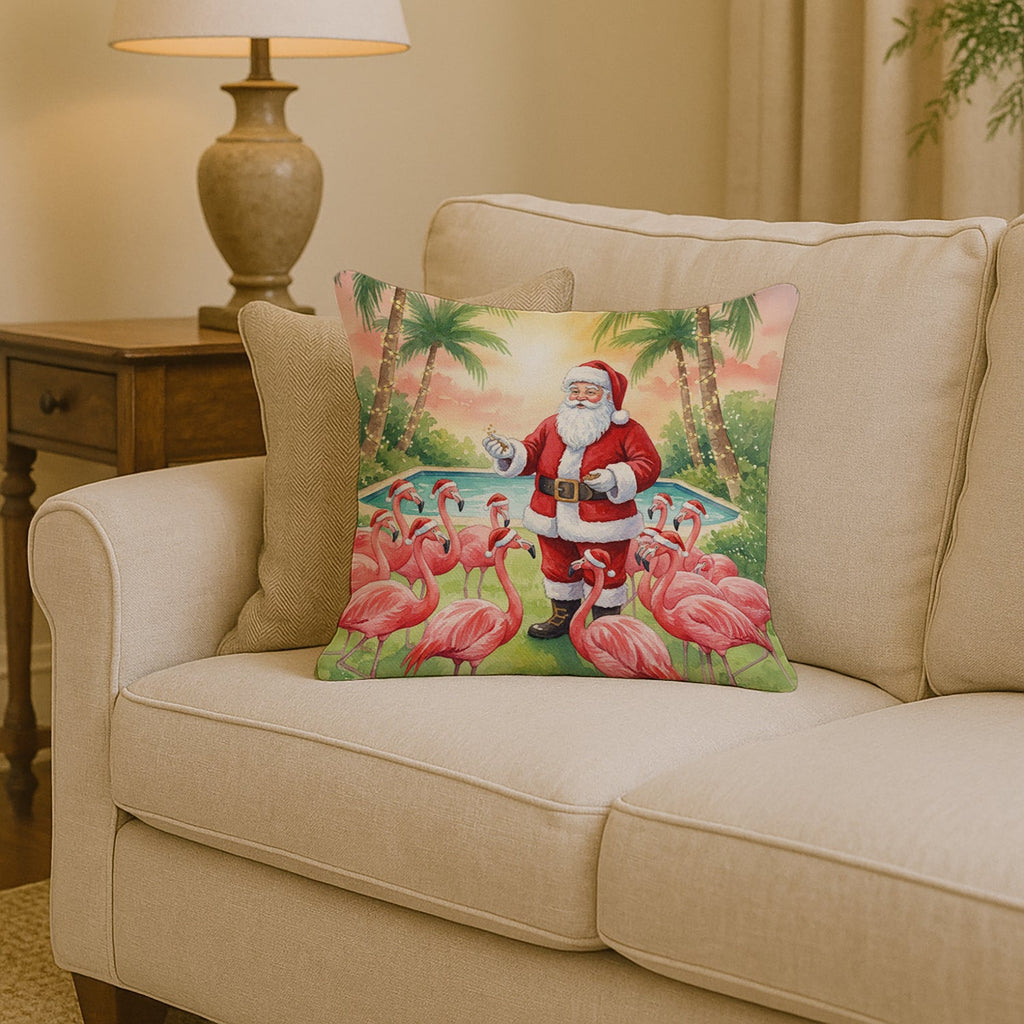 Santa Claus with Flamingos Christmas Decorative Throw Pillow 14x14 Indoor Outdoor Accent Cushion, Fabric Cover with Insert for Sofa, Bed, Porch & Living Room