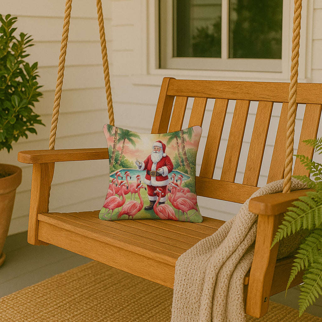 Santa Claus with Flamingos Christmas Decorative Throw Pillow 14x14 Indoor Outdoor Accent Cushion, Fabric Cover with Insert for Sofa, Bed, Porch & Living Room