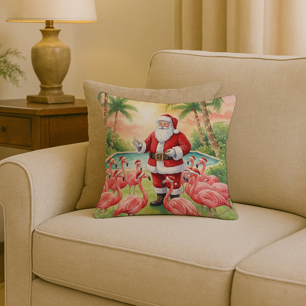 Santa Claus with Flamingos Christmas Decorative Throw Pillow 18x18 Indoor Outdoor Accent Cushion, Fabric Cover with Insert for Sofa, Bed, Porch & Living Room