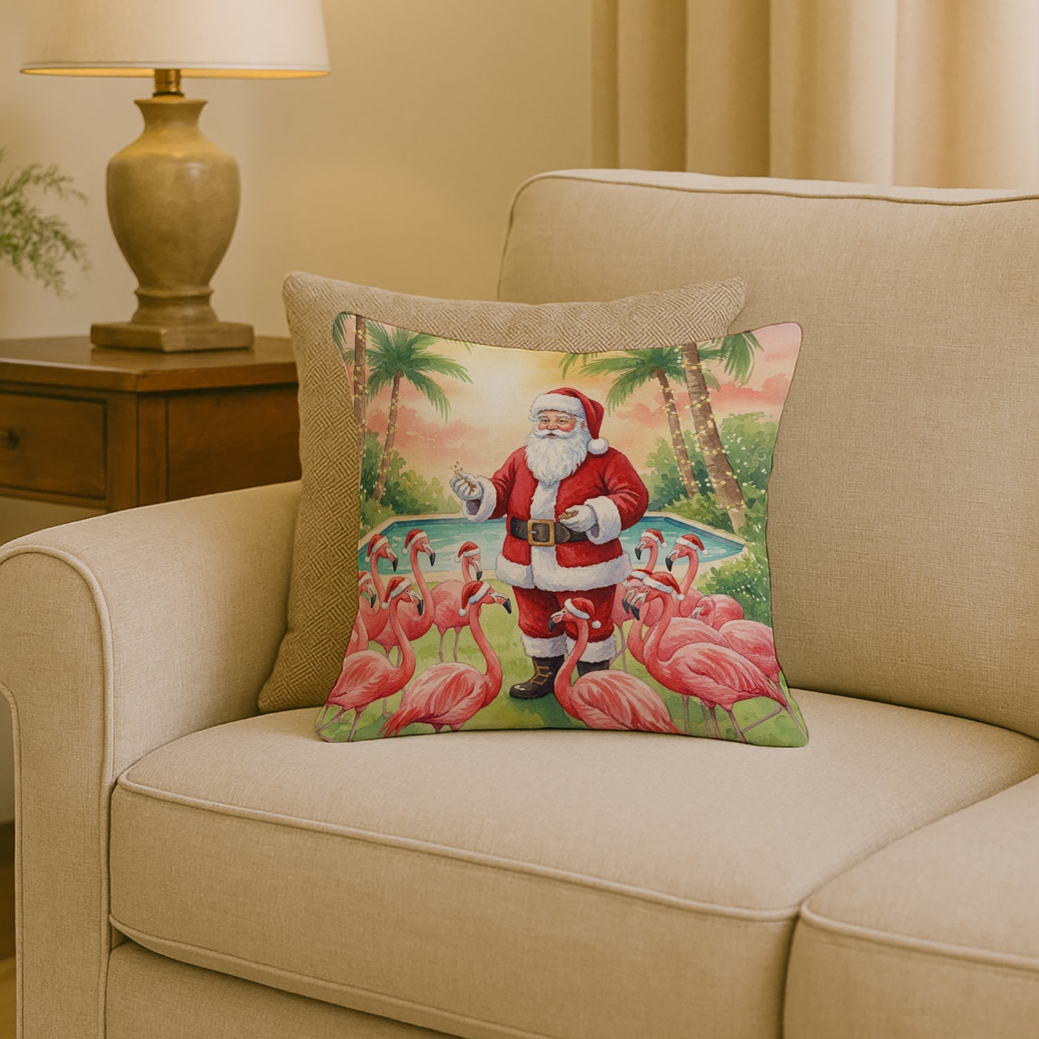 Santa Claus with Flamingos Christmas Decorative Throw Pillow 18x18 Indoor Outdoor Accent Cushion, Fabric Cover with Insert for Sofa, Bed, Porch & Living Room
