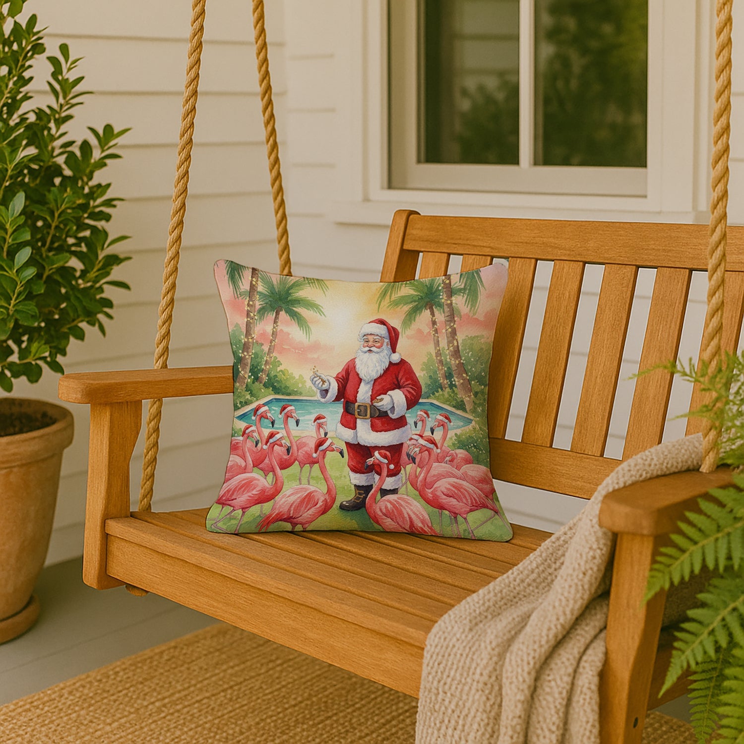Santa Claus with Flamingos Christmas Decorative Throw Pillow 18x18 Indoor Outdoor Accent Cushion, Fabric Cover with Insert for Sofa, Bed, Porch & Living Room
