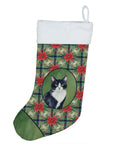 Black and White Tuxedo Cat with Poinsettias Holiday Stocking Double-Sided Print, Polyester Suede,11x18, Made in USA