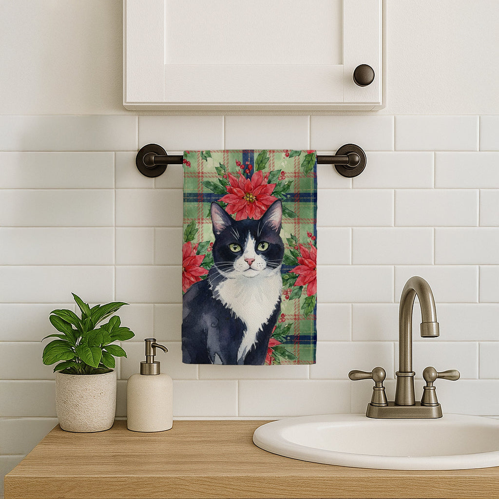 Black and White Tuxedo Cat with Poinsettias Kitchen Towel Velour Plush Front and Cotton Loop Back Machine Washable