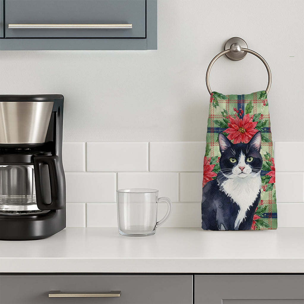 Black and White Tuxedo Cat with Poinsettias Kitchen Towel Velour Plush Front and Cotton Loop Back Machine Washable