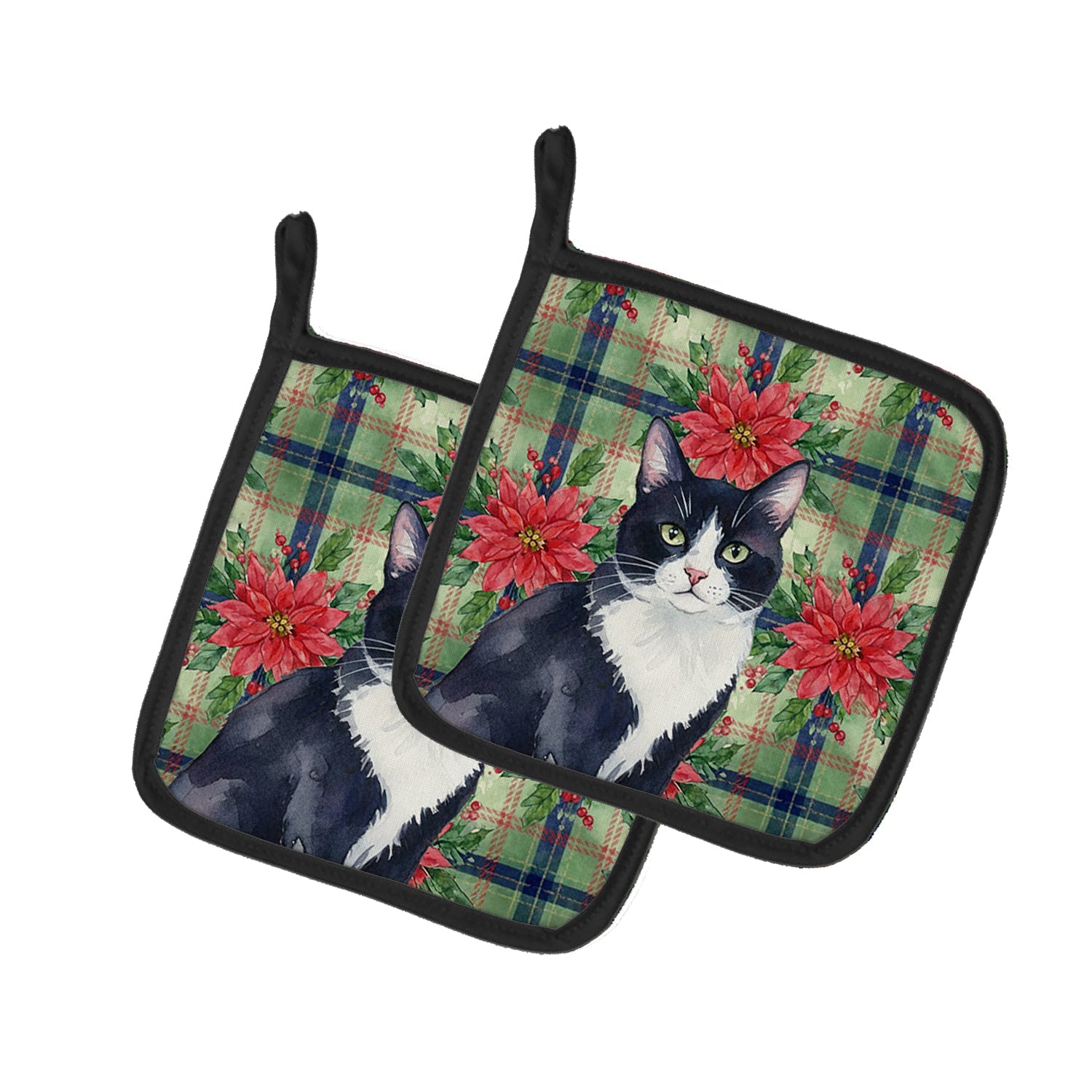 Black and White Tuxedo Cat with Poinsettias Pot Holder Set of 2 Heat Resistant Quilted Hot Pads 7.5 x 7.5 Inch, Insulated Kitchen Trivets for Cooking & Baking