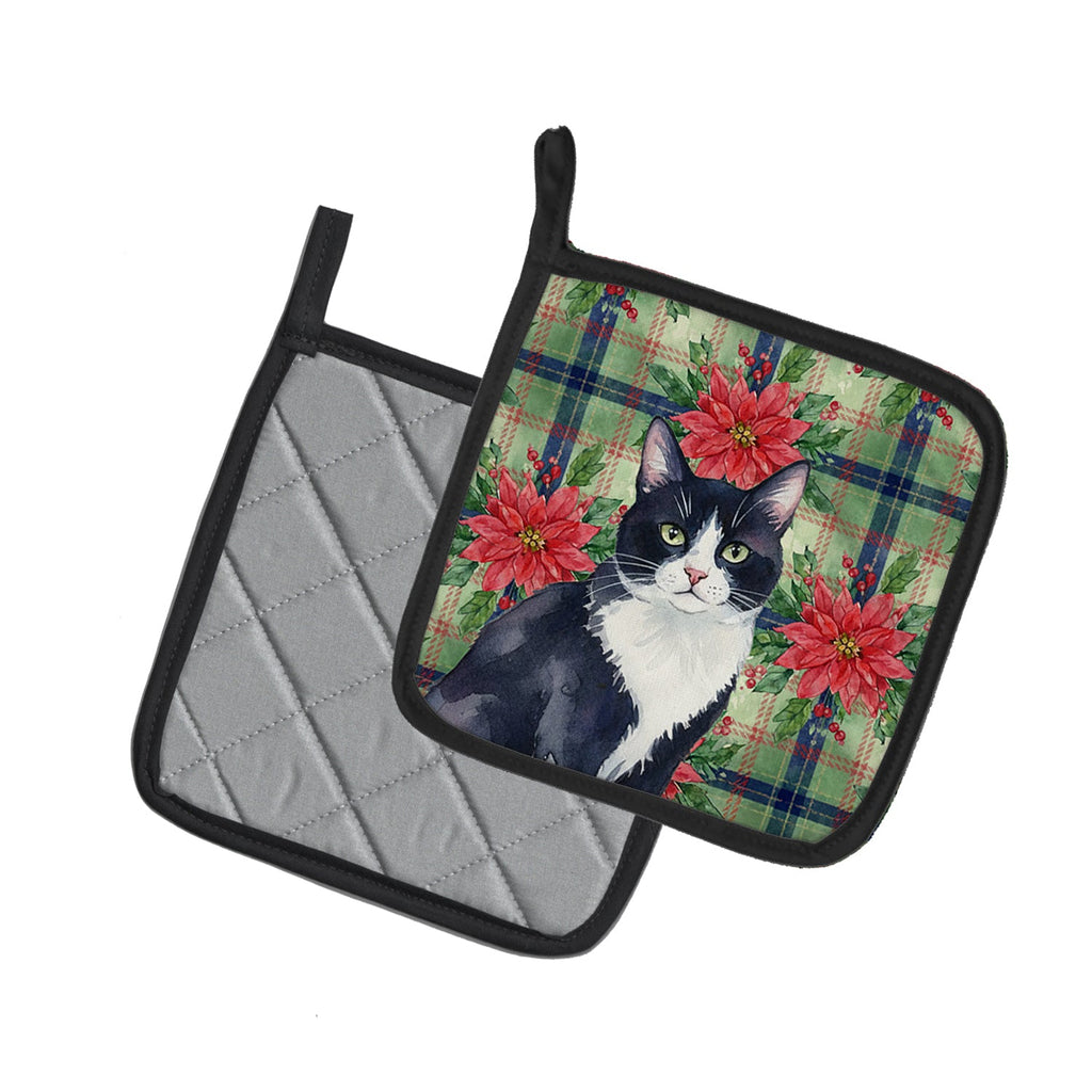Black and White Tuxedo Cat with Poinsettias Pot Holder Set of 2 Heat Resistant Quilted Hot Pads 7.5 x 7.5 Inch, Insulated Kitchen Trivets for Cooking & Baking