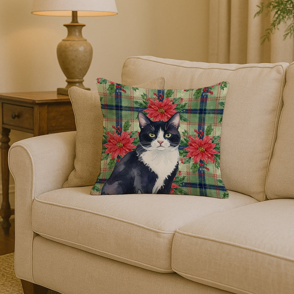 Black and White Tuxedo Cat with Poinsettias Decorative Throw Pillow 14x14 Indoor Outdoor Accent Cushion, Fabric Cover with Insert for Sofa, Bed, Porch & Living Room