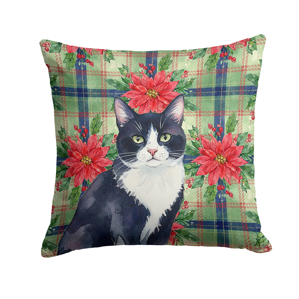 Black and White Tuxedo Cat with Poinsettias Decorative Throw Pillow 18x18 Indoor Outdoor Accent Cushion, Fabric Cover with Insert for Sofa, Bed, Porch & Living Room