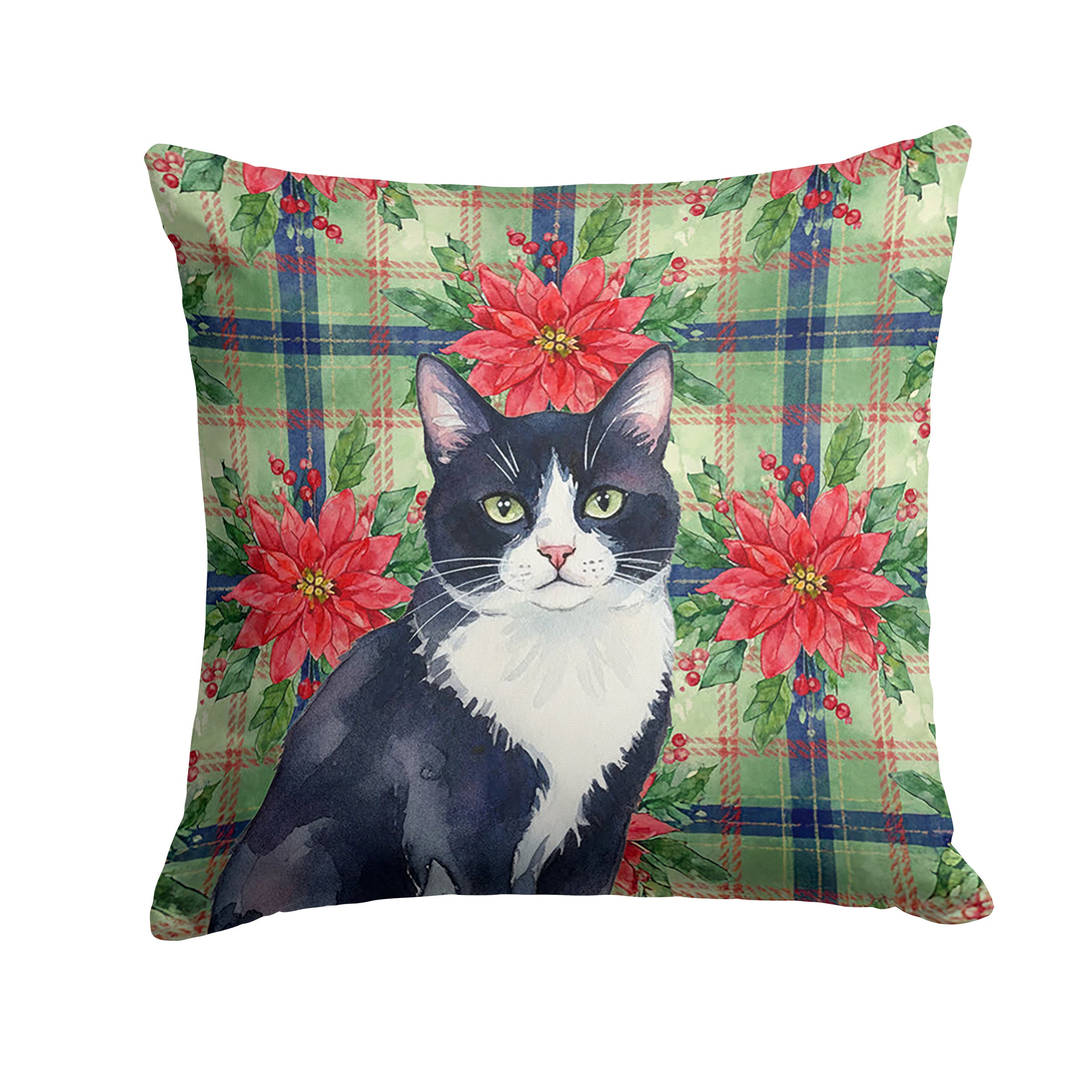 Black and White Tuxedo Cat with Poinsettias Decorative Throw Pillow 18x18 Indoor Outdoor Accent Cushion, Fabric Cover with Insert for Sofa, Bed, Porch & Living Room