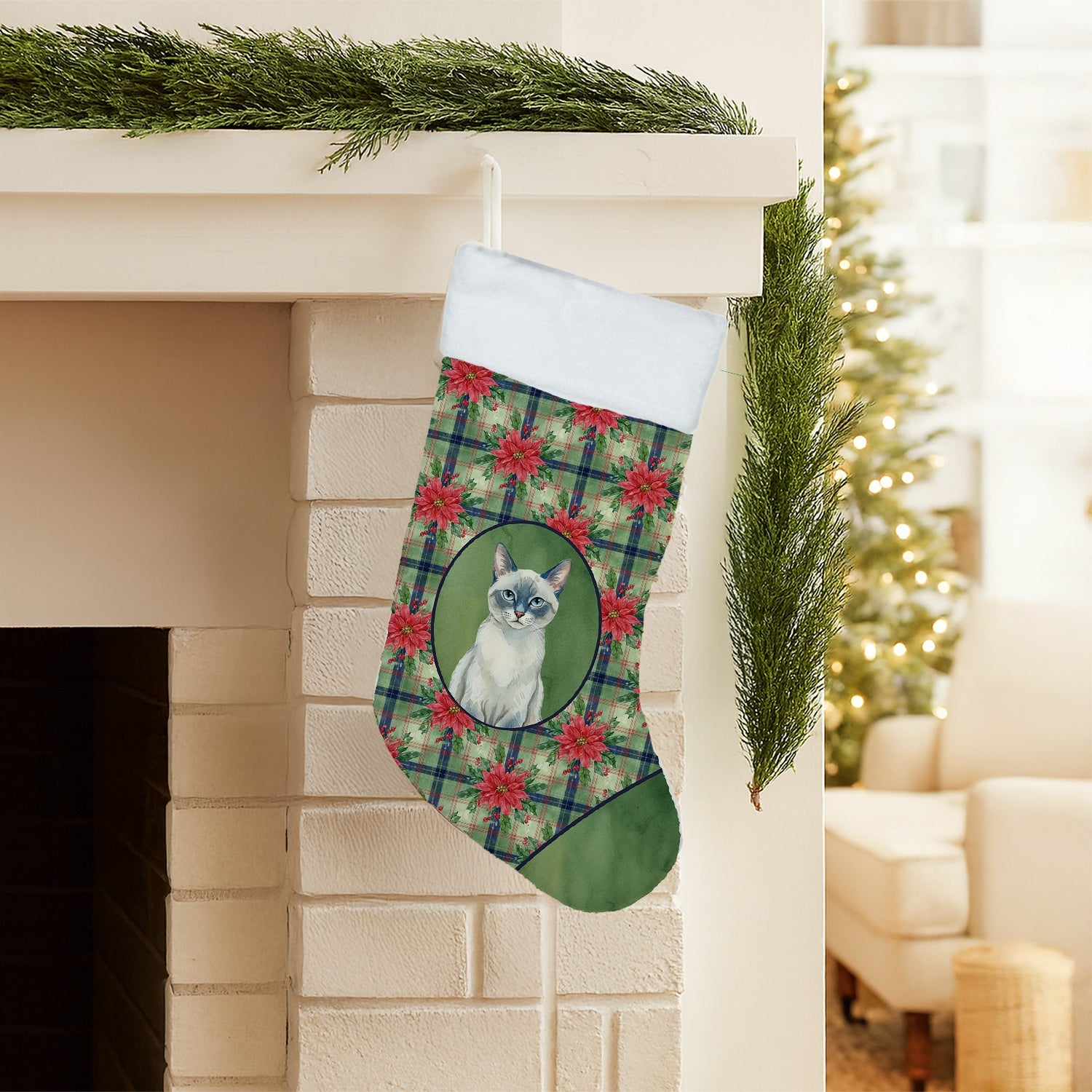 Blue Point Cat with Poinsettias Holiday Stocking Double-Sided Print, Polyester Suede,11x18, Made in USA