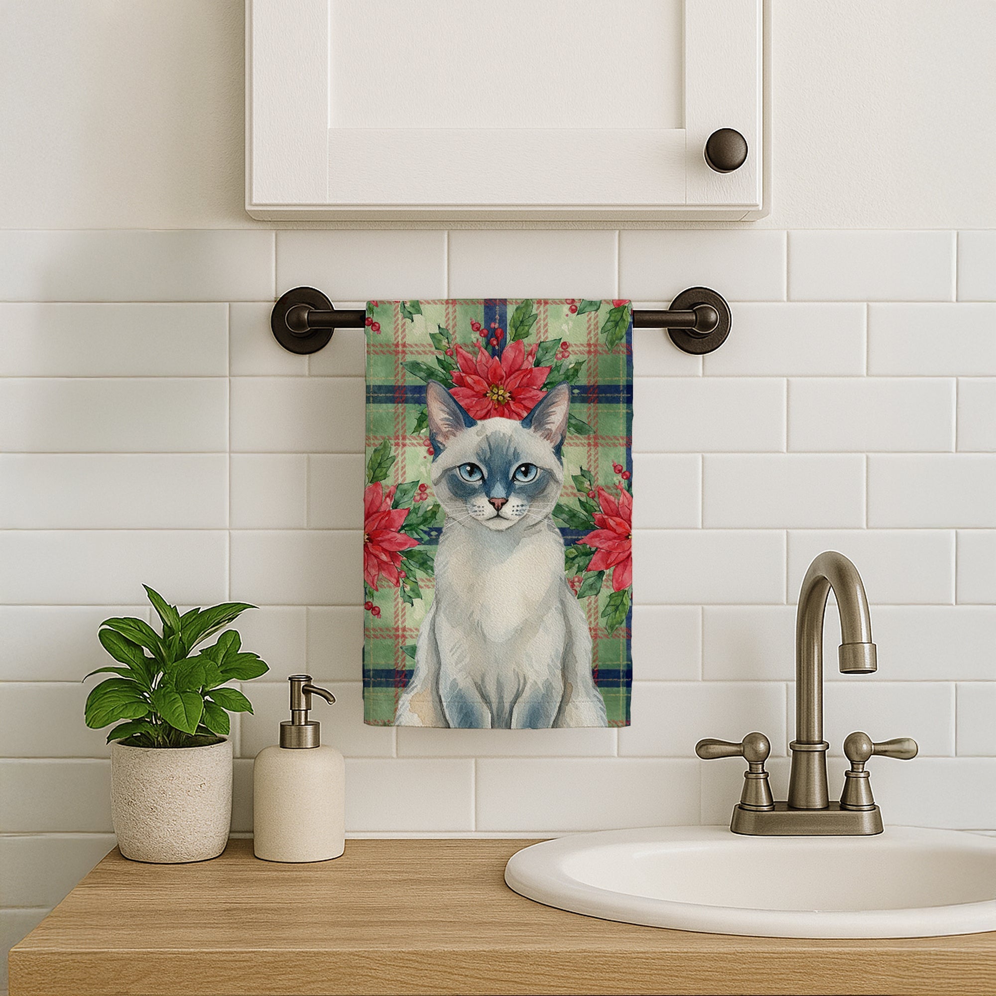 Blue Point Cat with Poinsettias Kitchen Towel Velour Plush Front and Cotton Loop Back Machine Washable
