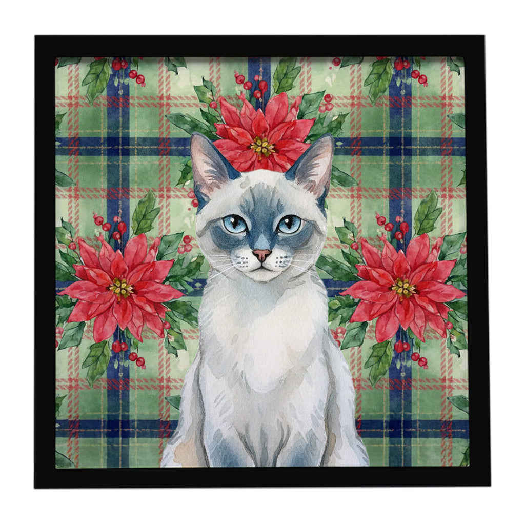 Blue Point Cat with Poinsettias Framed Metal Print Bathroom, Kitchen, Office, Home Decor Wall Art Ready to Hang, Square, 8X8